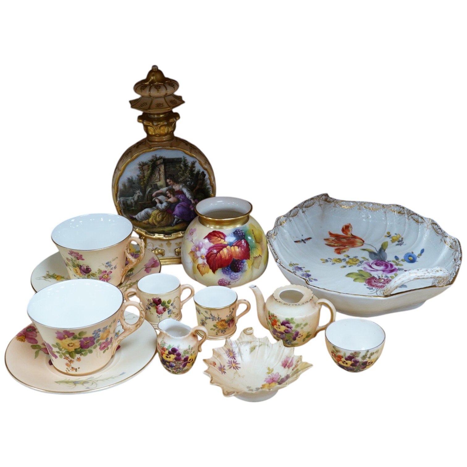 Royal Worcester including a Kitty Blake blackberry vase, a Berlin leaf dish, and a French painted moon flask, latter 21.5cm. Condition - fair to good